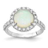 Cheryl M Sterling Silver Rhodium-plated Cabochon Lab Created Opal and Brilliant-cut CZ Halo Ring